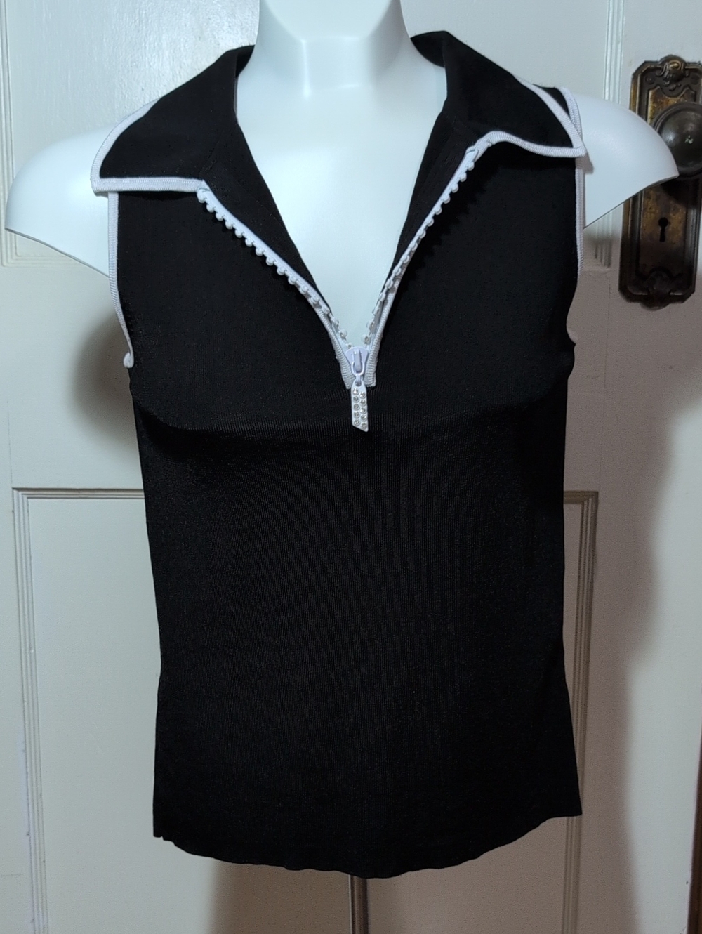 Belldini Black Sleeveless Zip Polo Top with White Trim
